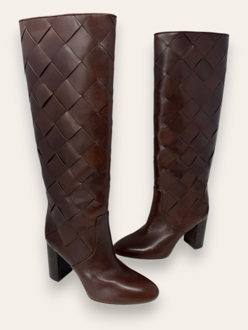 Loeffler Randall Goldy Espresso Brown Woven Leather Tall Boot 7.5 Women’s